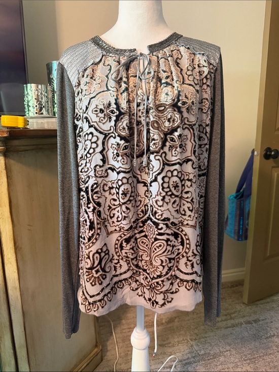 Hale Bob Tops - Sundance Hale Bob Gray and Cream Long-Sleeve PrintedBeading Peasant Blouse large
